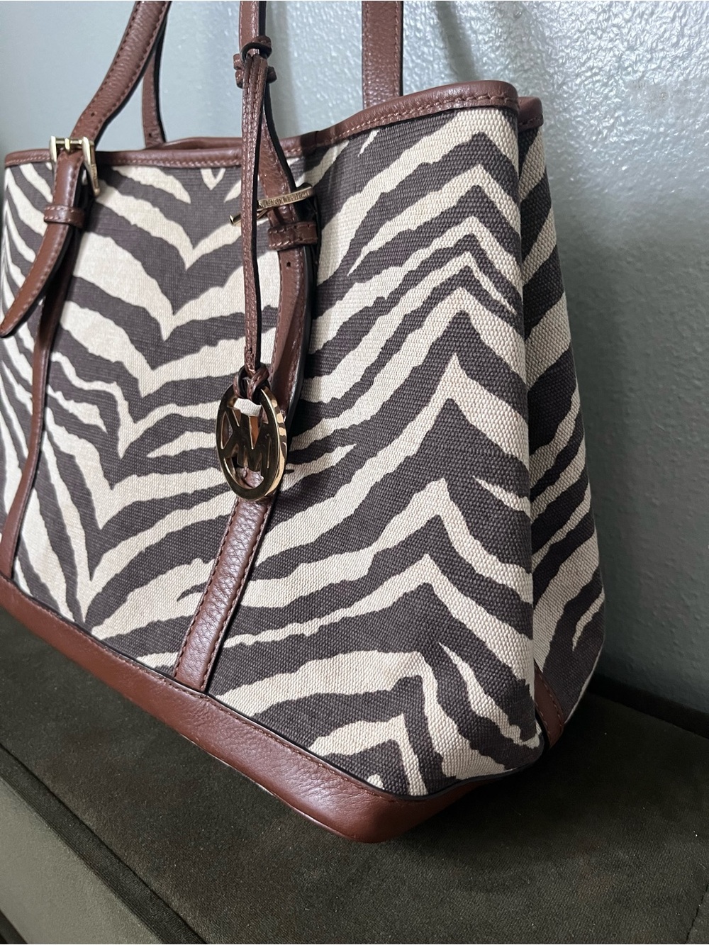 Michael Kors Black and White Zebra Canvas Tote with Brown Leather Trim - Picture 3 of 14